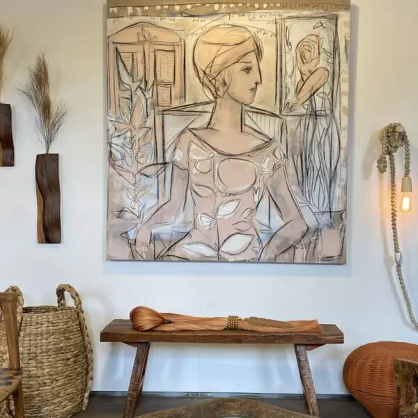 Tela pintada à mão com técnica de óleo, representando paisagem rural com árvores, casa e rio em estilo clássico e cores naturais.