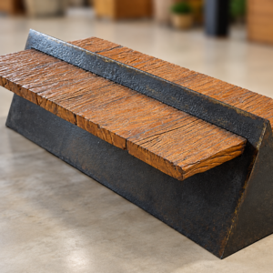 Banco de madeira rústica com estrutura de ferro, resistente e sofisticado. Ideal para áreas gourmet, jardins, varandas, restaurantes e ambientes comerciais.