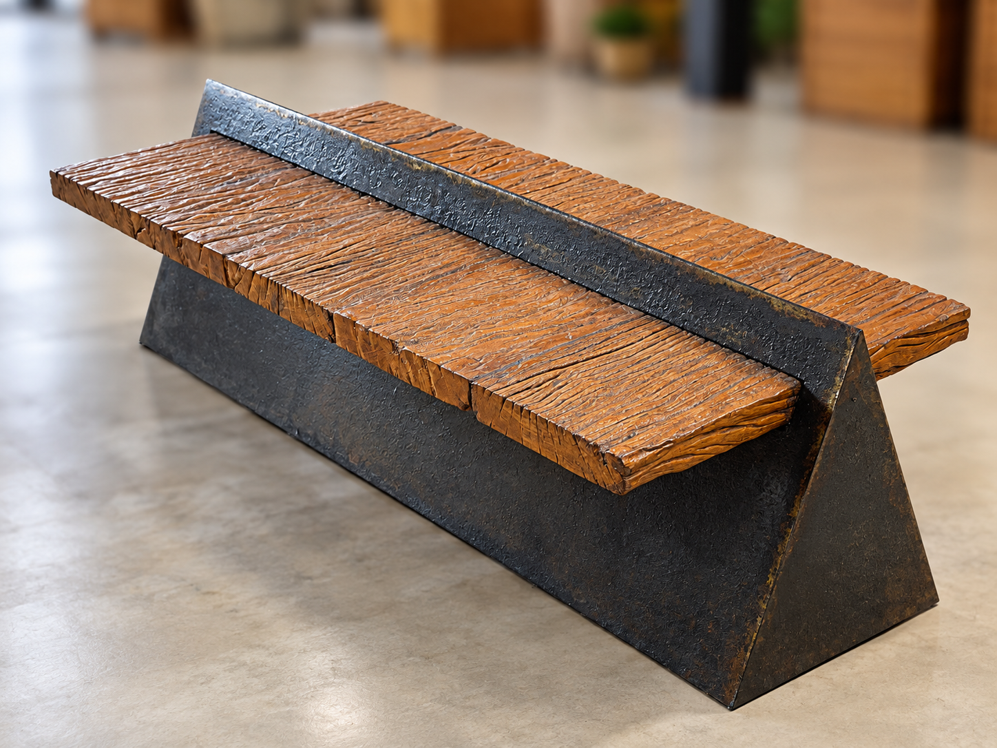 Banco de madeira rústica com estrutura de ferro, resistente e sofisticado. Ideal para áreas gourmet, jardins, varandas, restaurantes e ambientes comerciais.