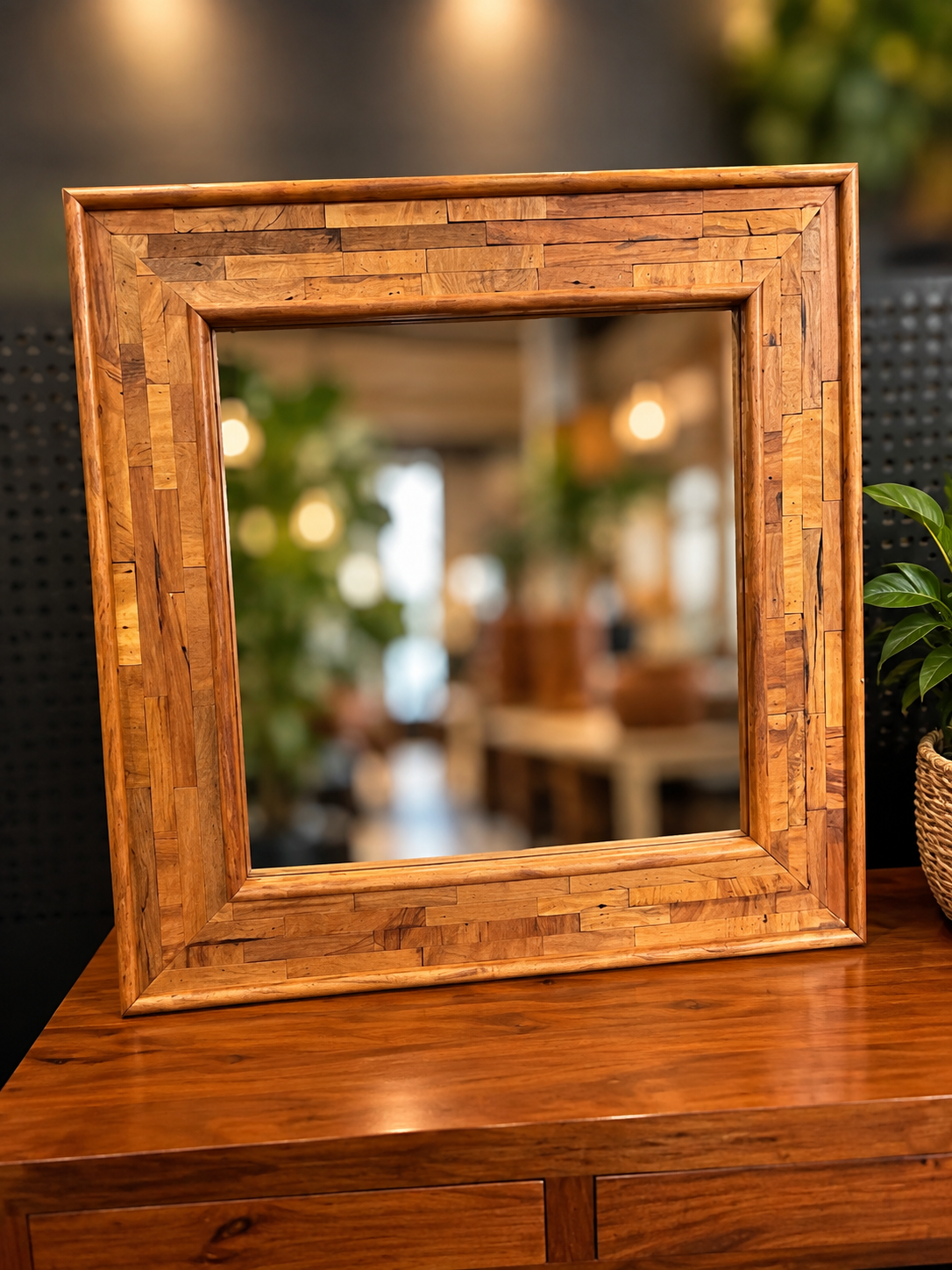 Espelho decorativo com moldura de madeira em mosaico, design artesanal e tons naturais. Encontre peças exclusivas para valorizar sua decoração no Moringa.